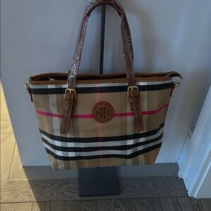 Plaid Canvas Tote with Brown Trim and Pink Stripe